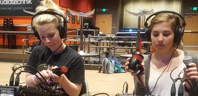 Teen girls with headphones and microphones