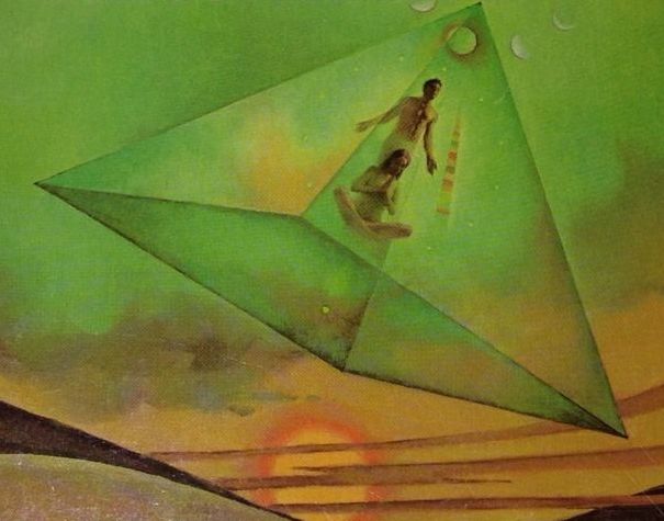 Man and woman inside green pyramid